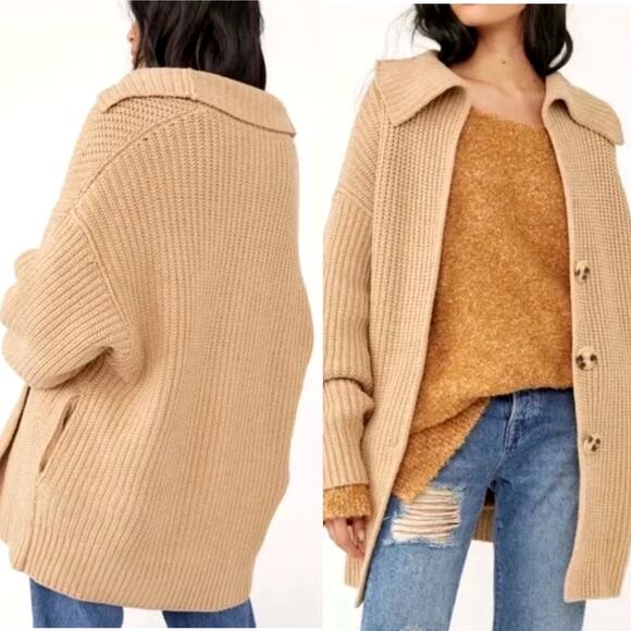 Free People Swim Deep Chunky Knit Oversized Cardigan Slouchy Sz S NEW - Picture 2 of 6